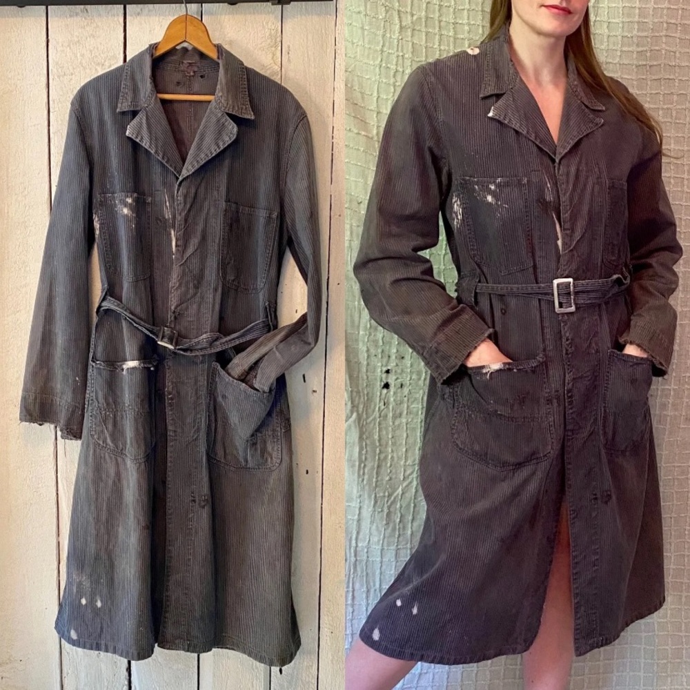 Vtg Rare 40s Hickory Stripe Dark Indigo Blue Denim Shop Coat Chore Jacket Lee M